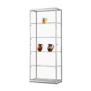 A silver glass display cabinet with 4 shelves.