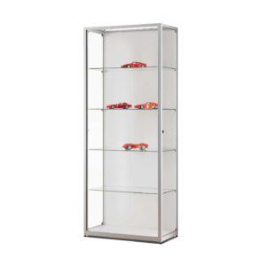 A silver glass display cabinet with 4 shelves and model cars on display.