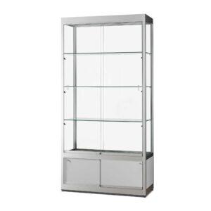 A siver Iris display cabinet with shelves, storage, LED spotlights and side lights in 1000mm height.