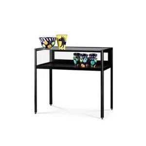 A black dustproof showcase table made from aluminum and toughened glass.