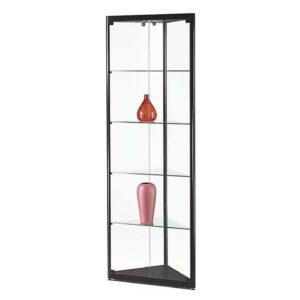 A black corner cabinet with 4 shelves and vases on display.