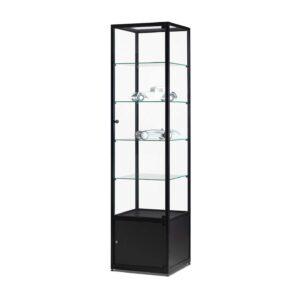 A black collectables display cabinet with 4 shelves and storage.