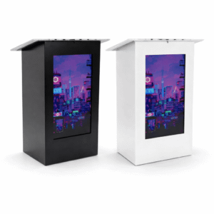 Black and white digital screen lecterns with acrylic tops and integrated displays for conference presentations.