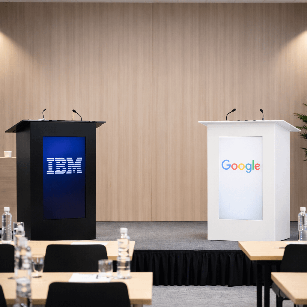 Digital screen lecterns in black and white on conference stage displaying company logos for corporate presentations and debates.