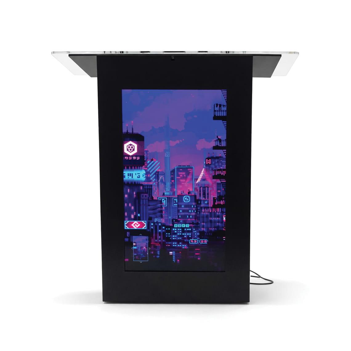 Front view of lectern with built in digital display screen and acrylic presentation top.