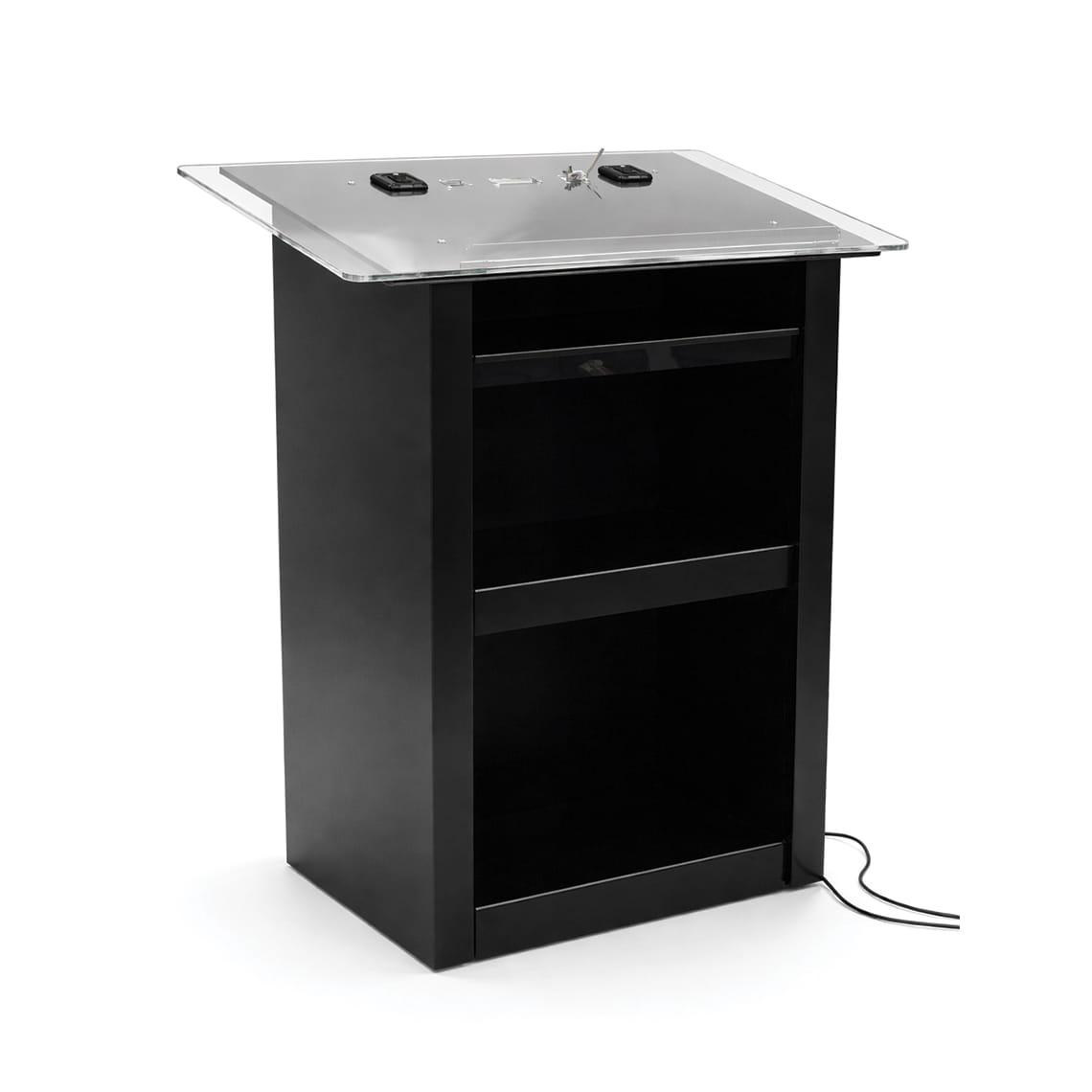 Professional presentation lectern with digital display cabinet and pull out shelf for AV equipment