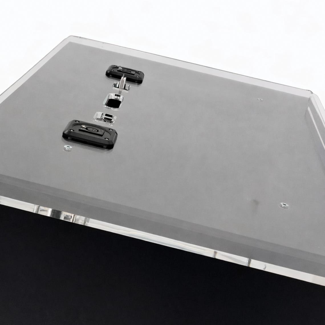 Close up of acrylic lectern top with mounting points for microphones and presentation equipment