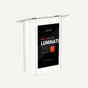 Curved white lectern with very large digital screen, with "Fourdot Affinity Luminati Talks" on the front of the screen.