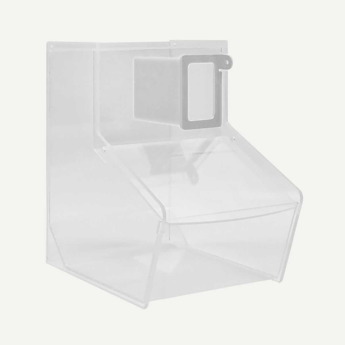 A clear pick and mix bin with a clear scoop holder.