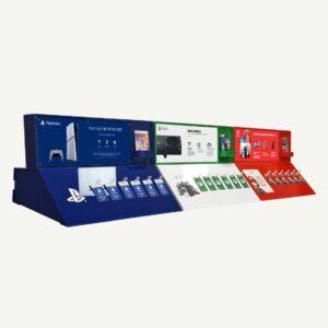 Playstation, Xbox & Nintendo custom branded point of sale units with interchangeable graphics trap and product hooks.