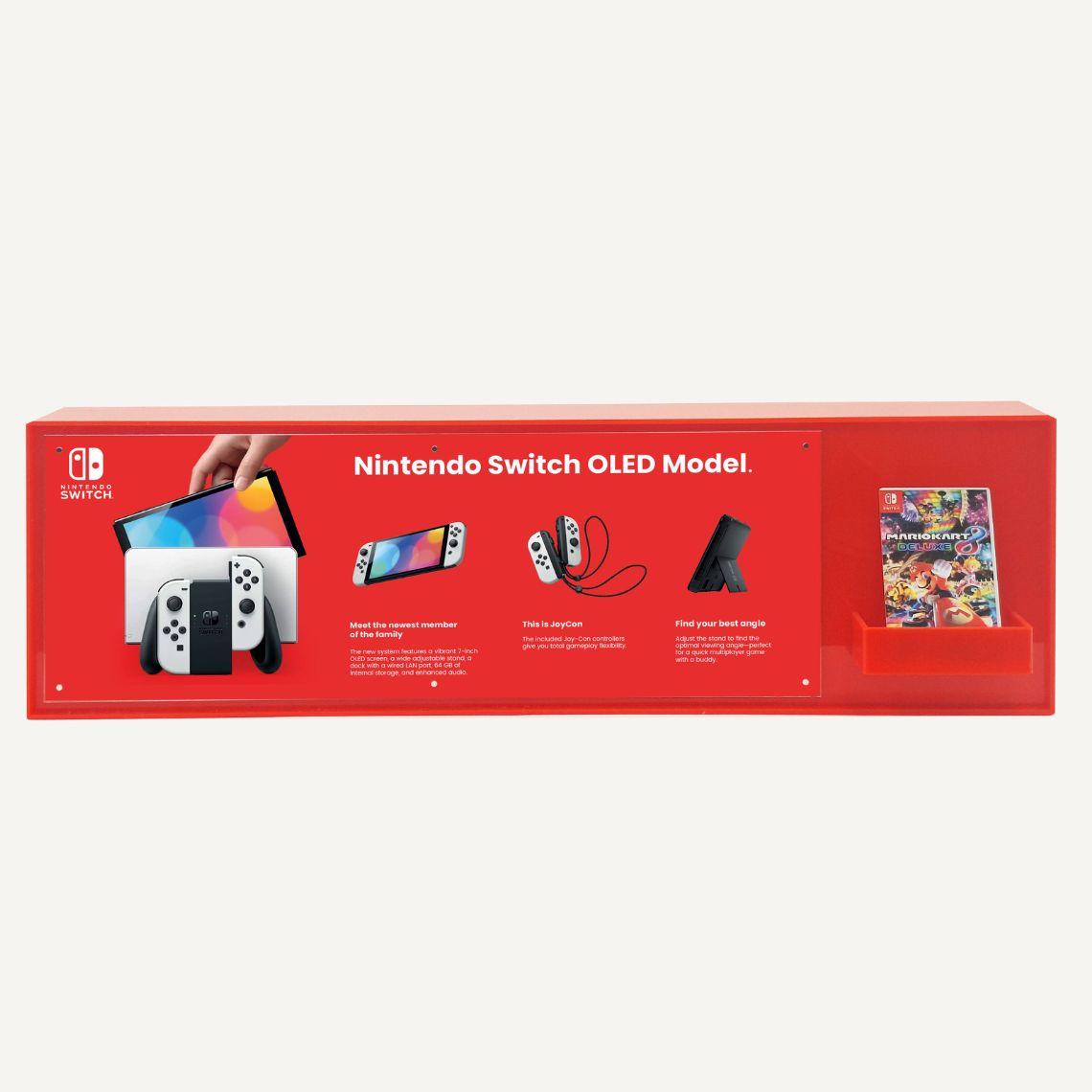 Nintendo custom branded red point of sale unit with interchangeable graphics trap.