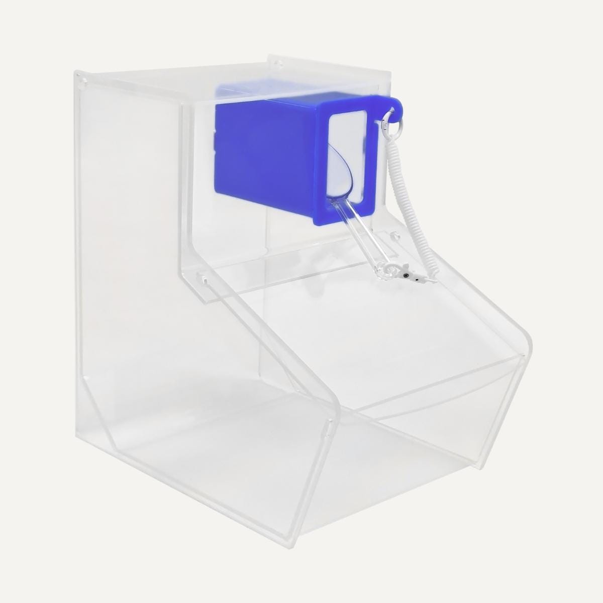 Clear Pick & Mix bin with white scoop holder, blue scoop and tether.