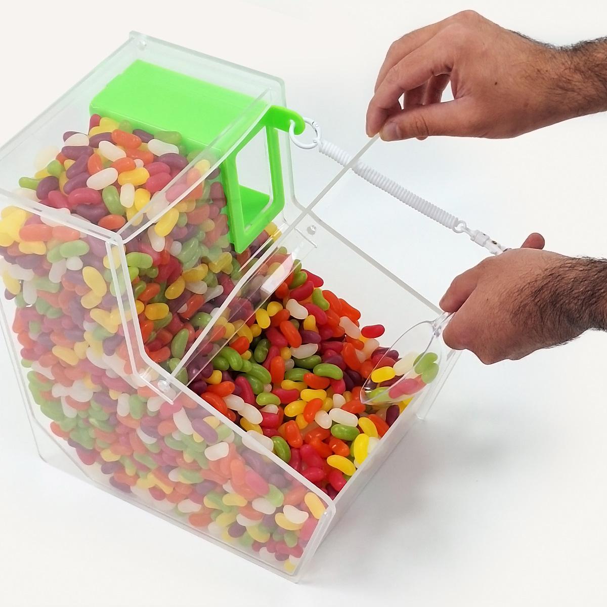 Pick n Mix scoop bin with attached scoop holding multicoloured jelly beans.