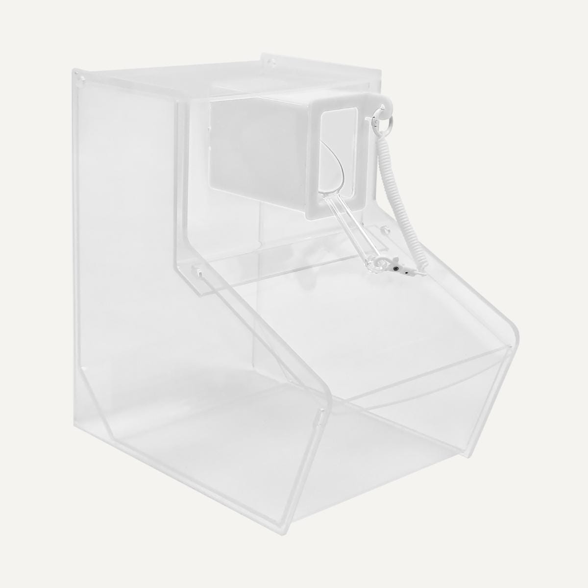 Clear Pick & Mix bin with white scoop holder, clear scoop and tether.