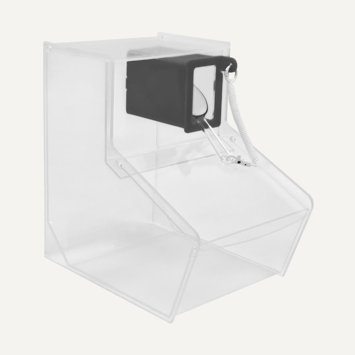 Clear Pick & Mix bin with black scoop holder, clear scoop and tether.