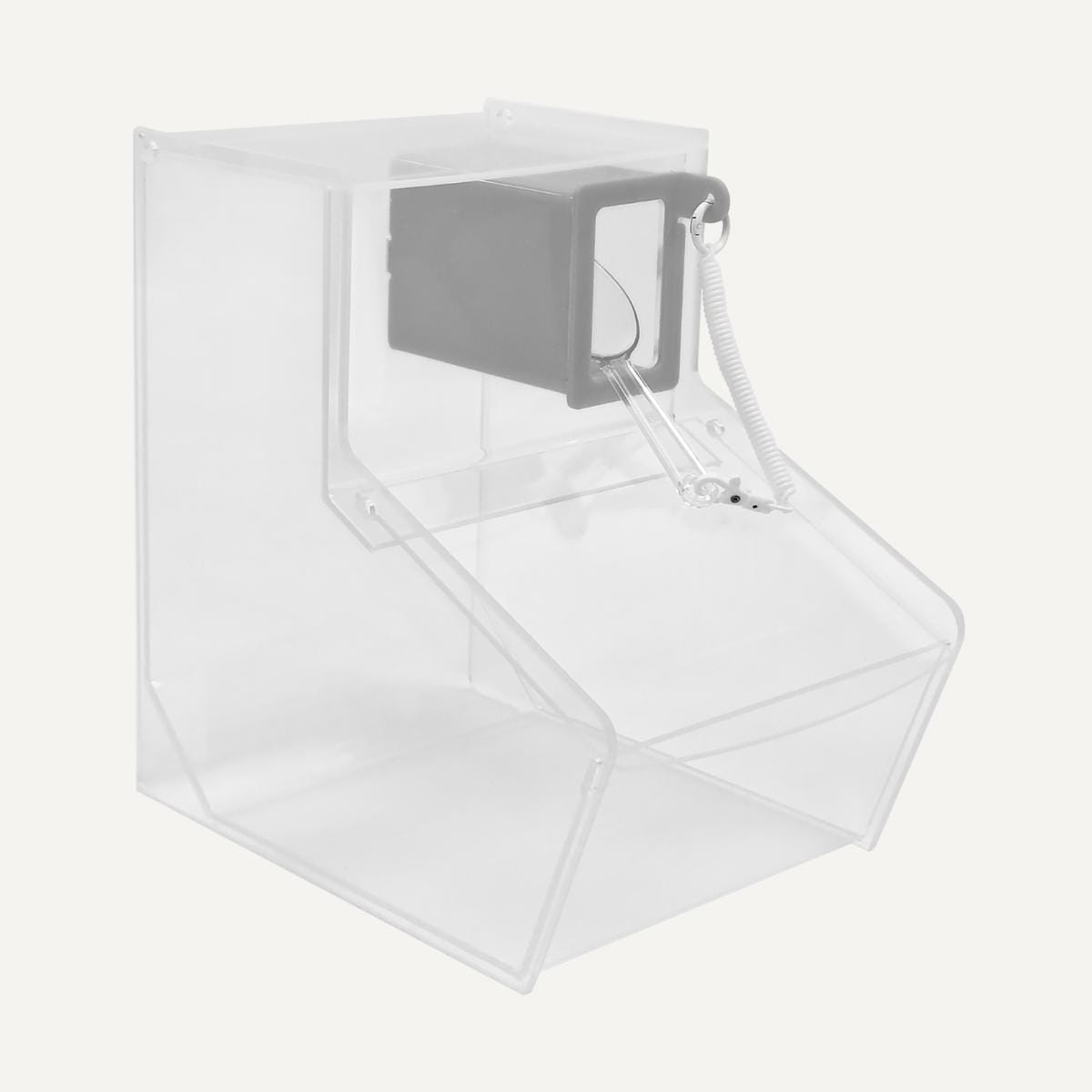 Clear Pick & Mix bin with grey scoop holder, clear scoop and tether.