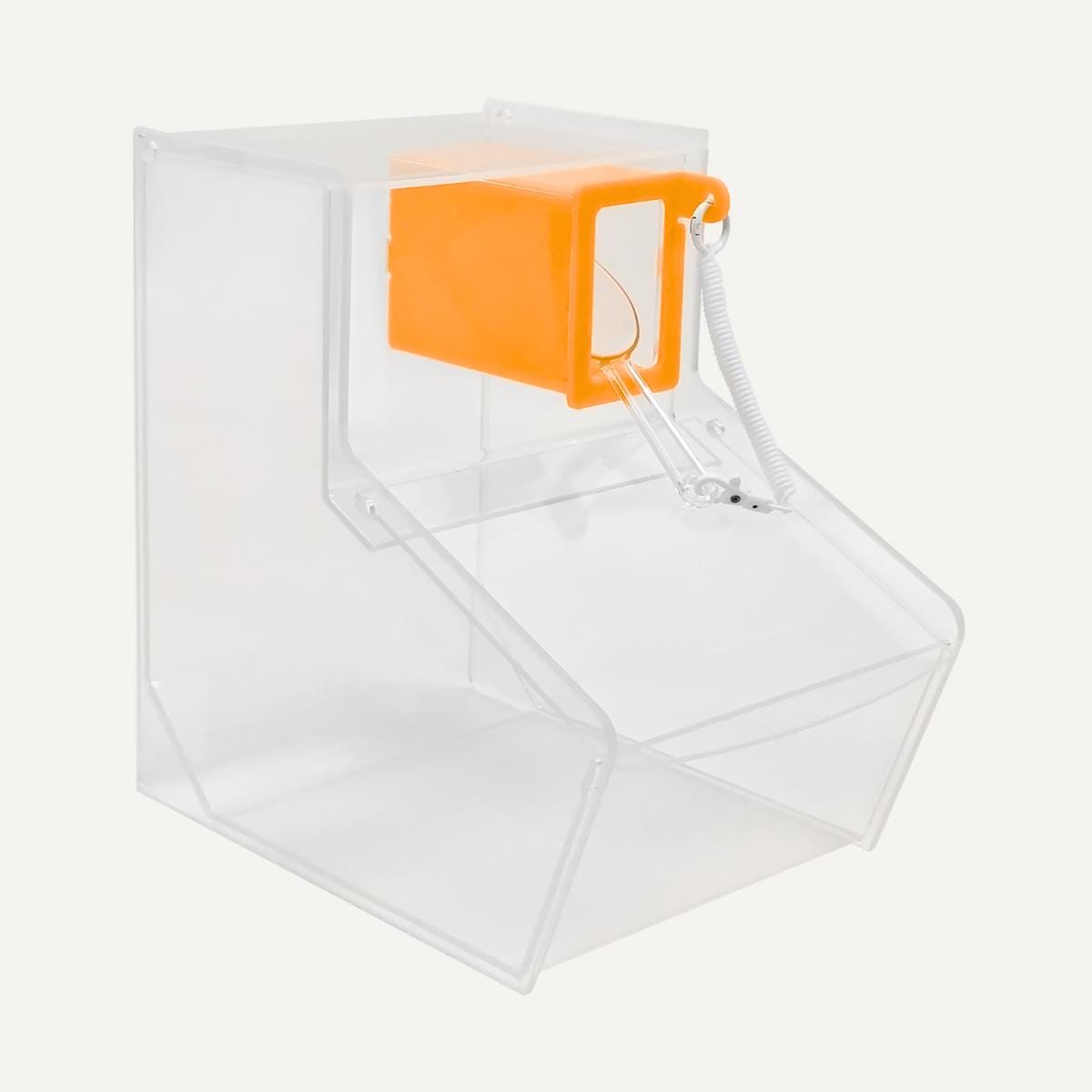 Clear Pick & Mix bin with orange scoop holder, clear scoop and tether.