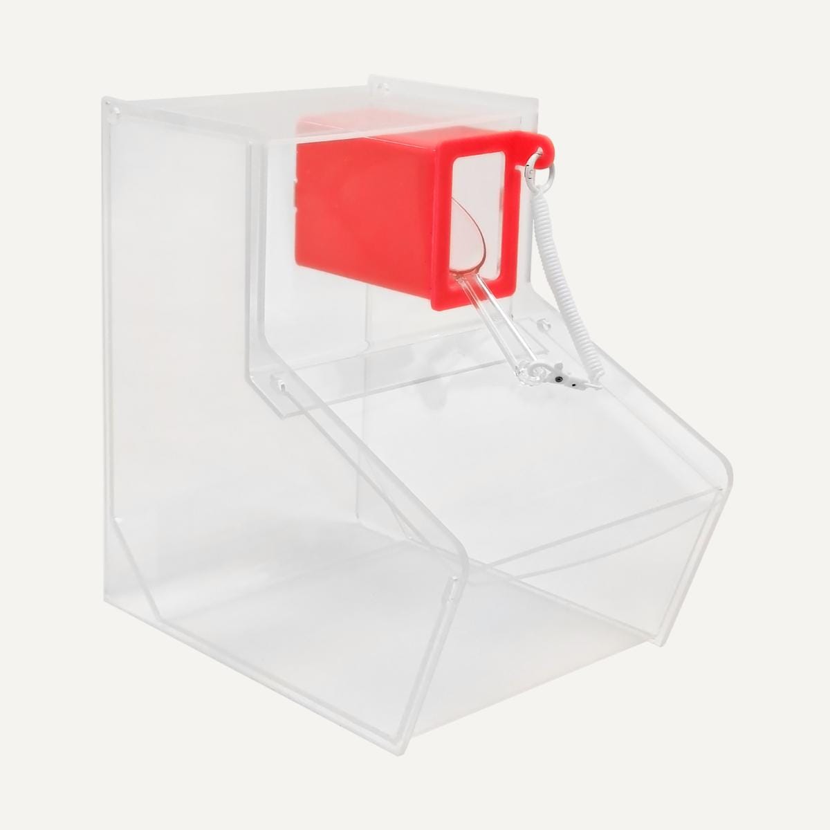 Clear Pick & Mix bin with red scoop holder, clear scoop and tether.