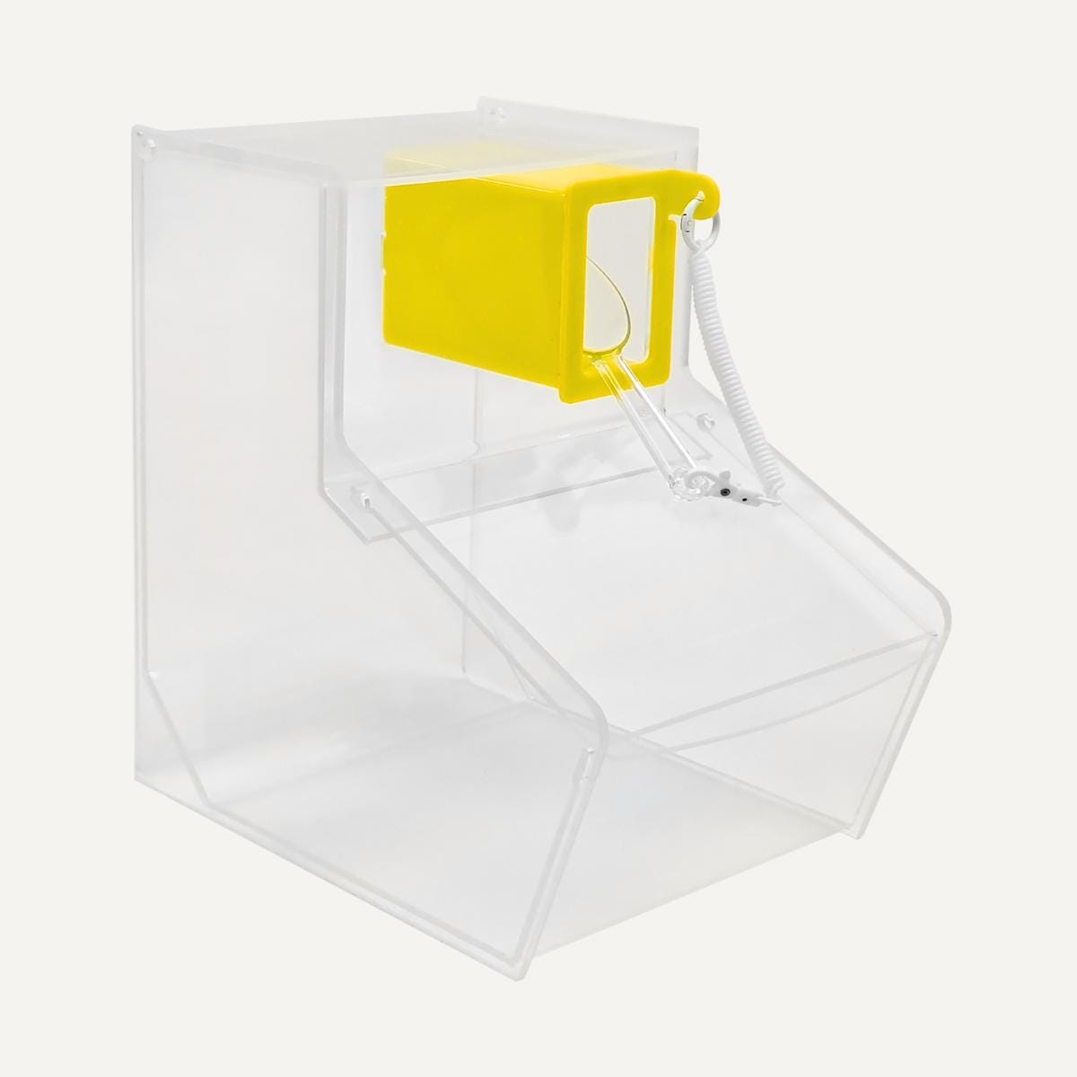Clear Pick & Mix bin with yellow scoop holder, clear scoop and tether.