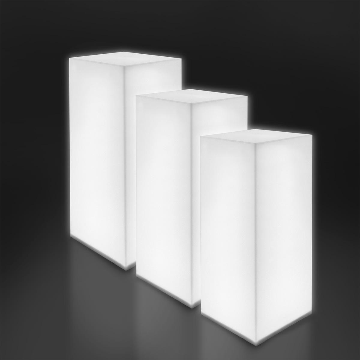 White Illuminated Plinths in a variety of heights, 1000mm, 900mm and 800mm.