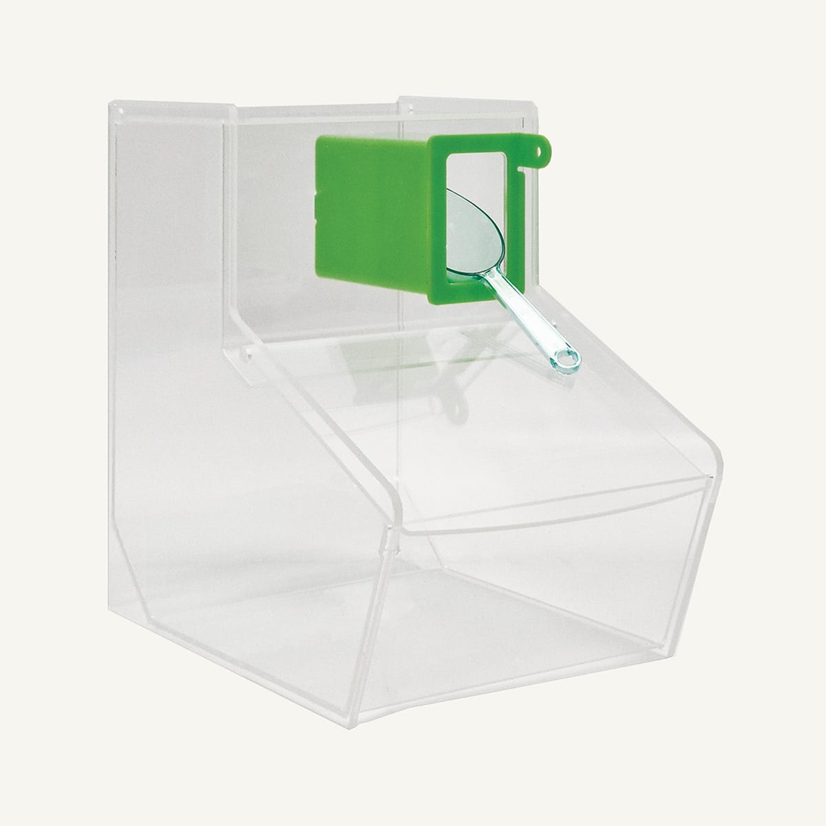 Empty Clear Pick & Mix sweet and dry food dispenser with Green scoop holder.