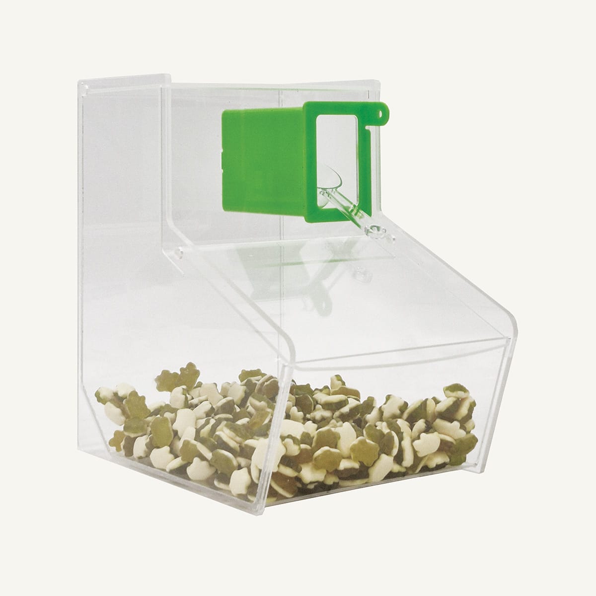 Clear Pick & Mix sweet and dry food dispenser with Green scoop holder.