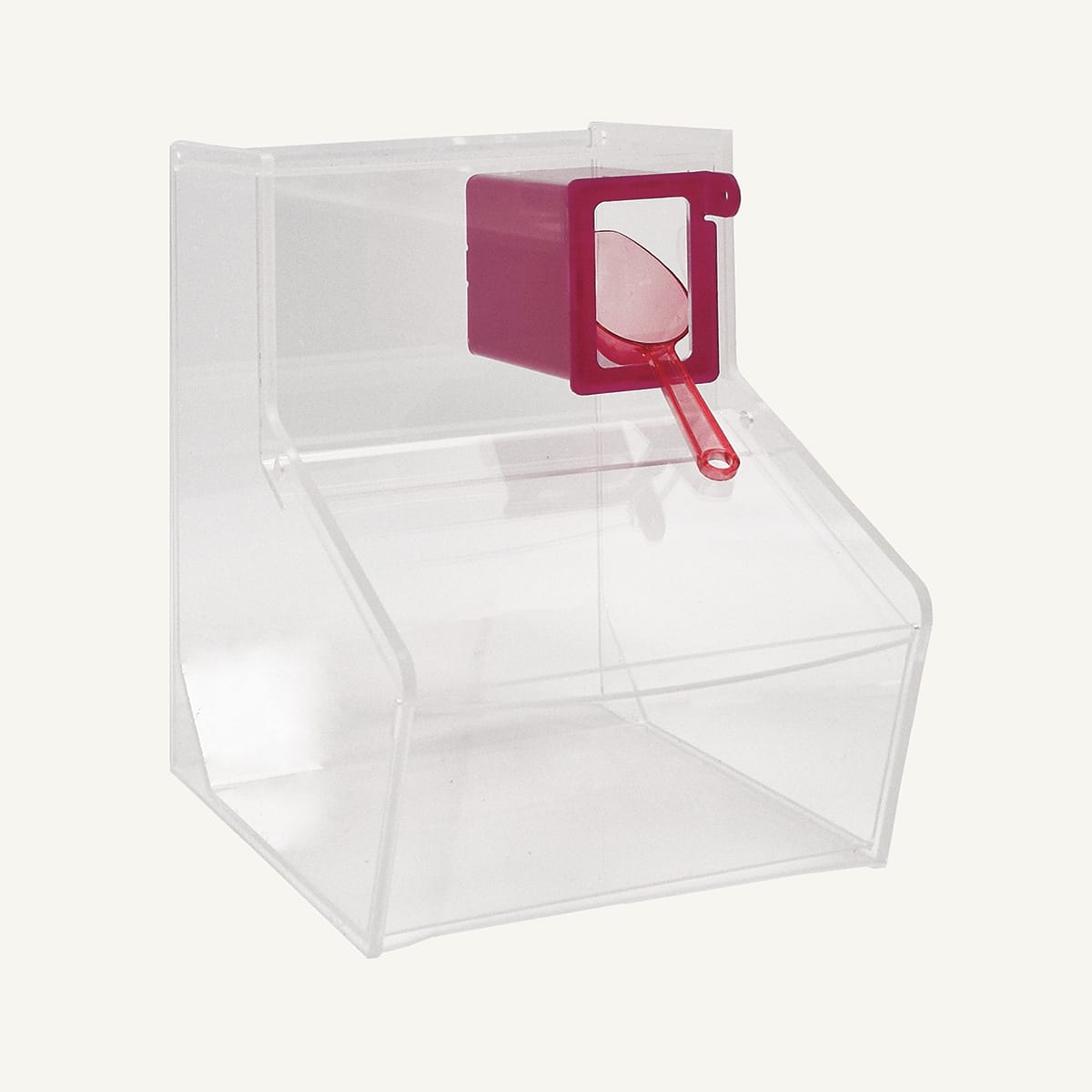 Empty clear Pick & Mix sweet and dry food dispenser with pink scoop holder.