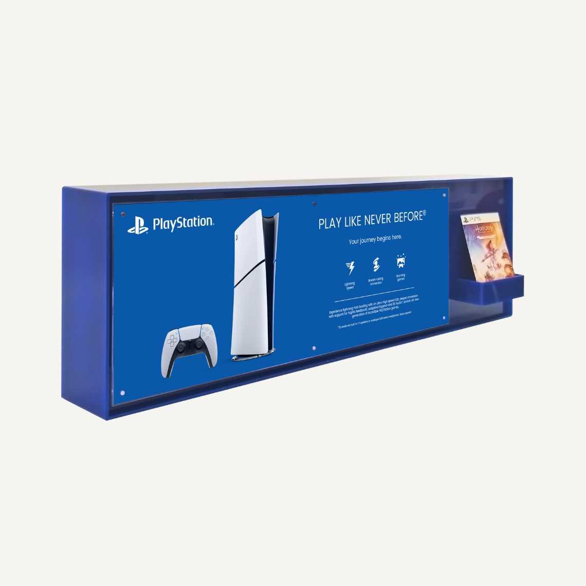 Right facing PlayStation gaming POS display with literature dispenser.