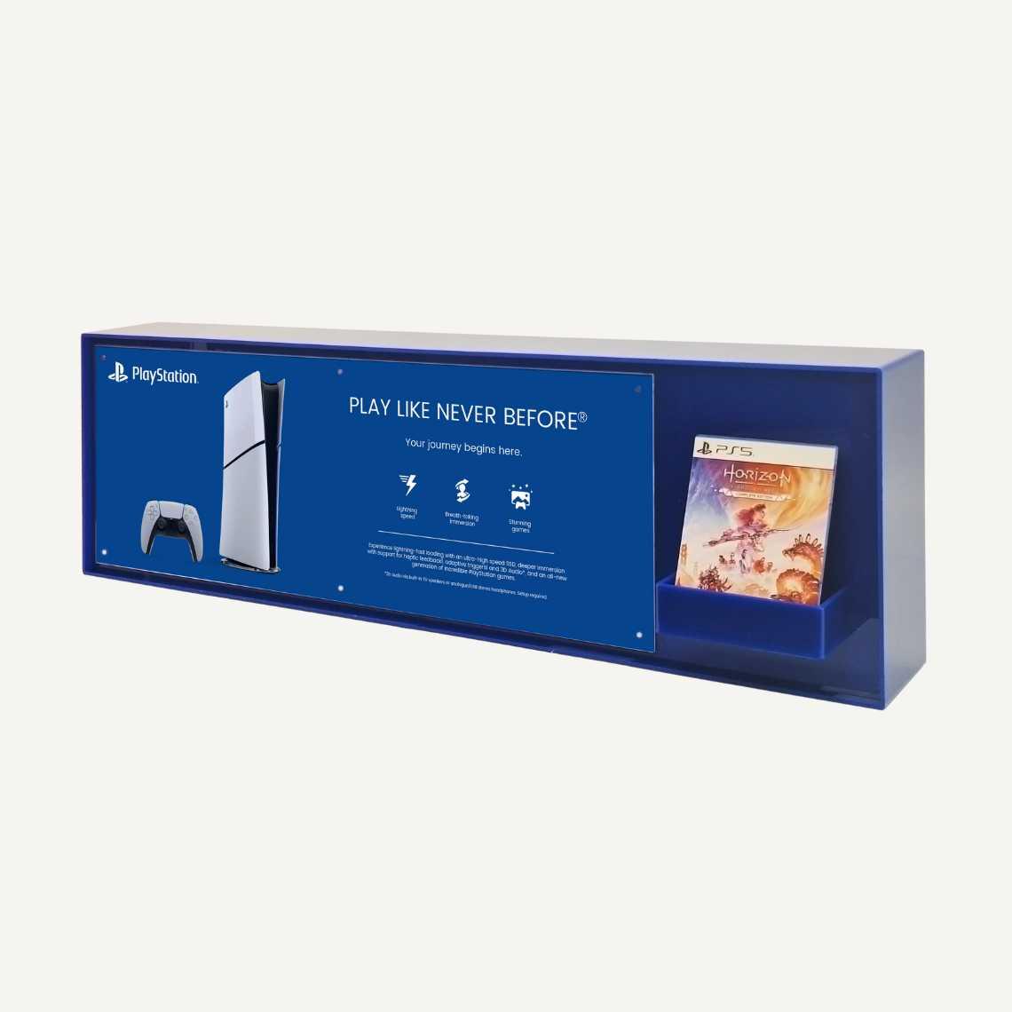 Left facing PlayStation gaming POS display with literature dispenser.