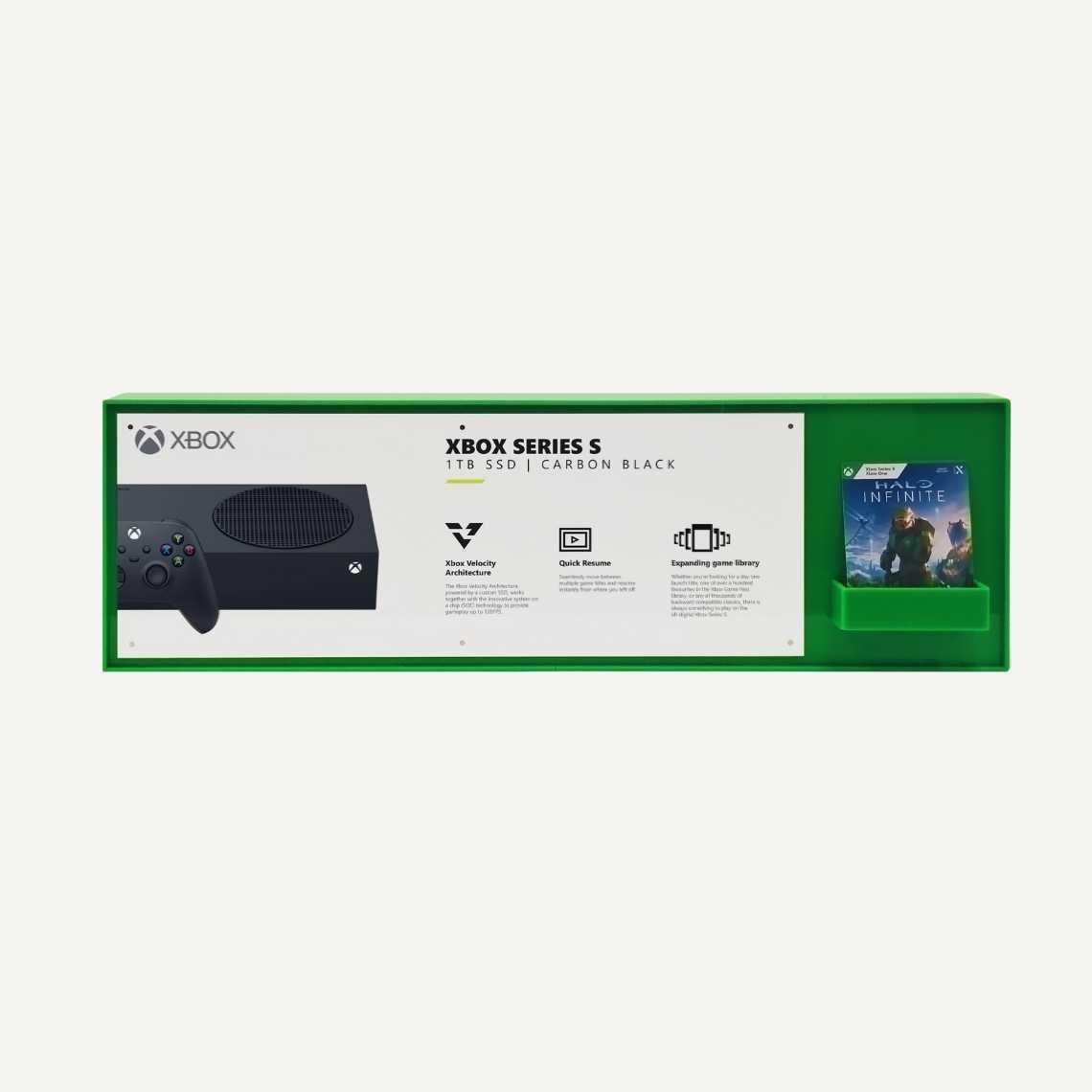 Front facing XBOX Series S gaming POS display with literature dispenser.