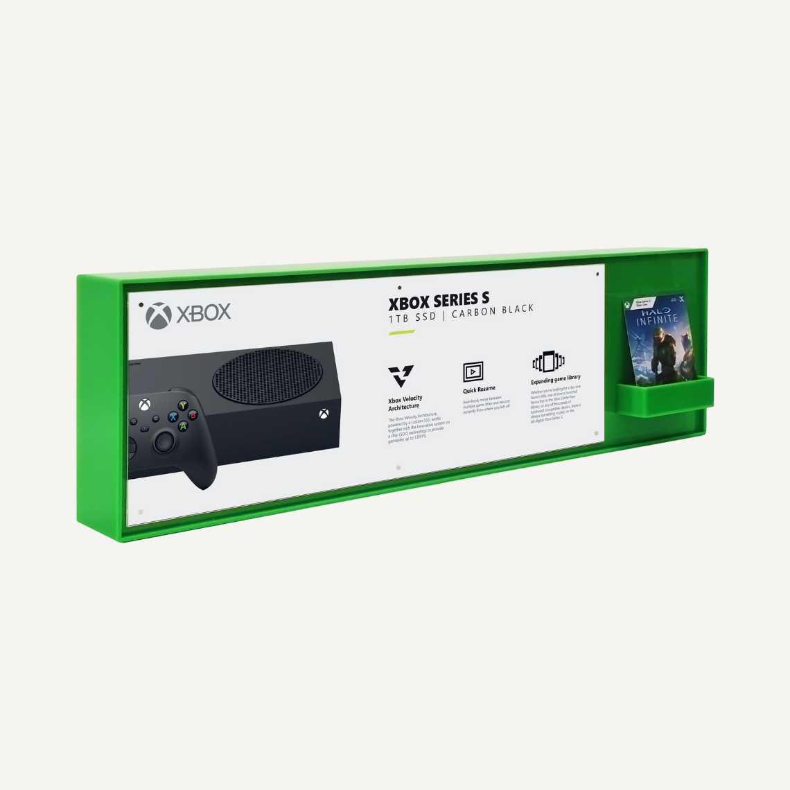 Right facing XBOX Series S gaming POS display with literature dispenser.