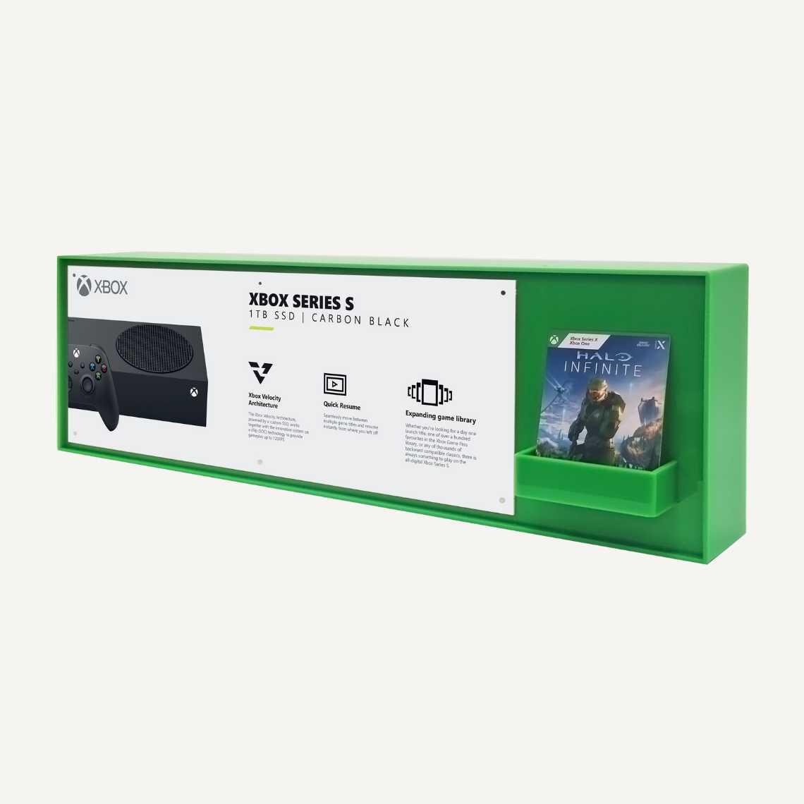 Left facing XBOX Series S gaming POS display with literature dispenser.