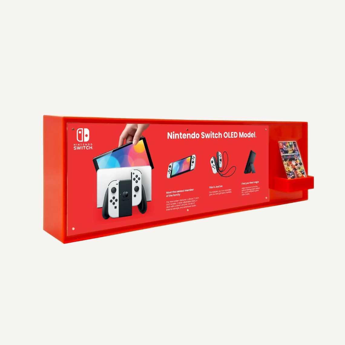 Right facing gaming POS Display for Nintendo Switch OLED model with literature dispenser.