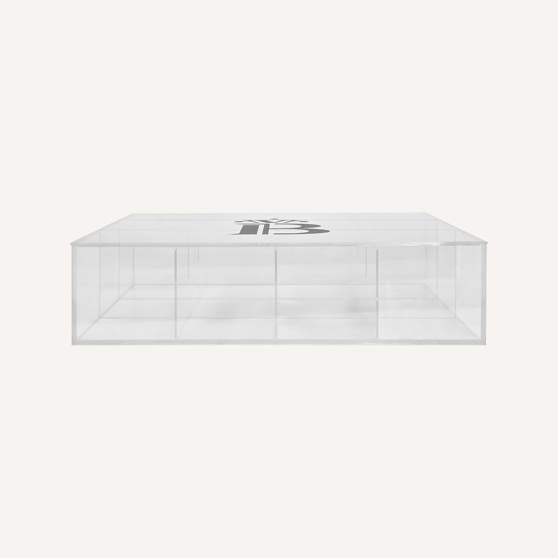 A front facing custom acrylic storage box laid flat with a banana split logo on the front.