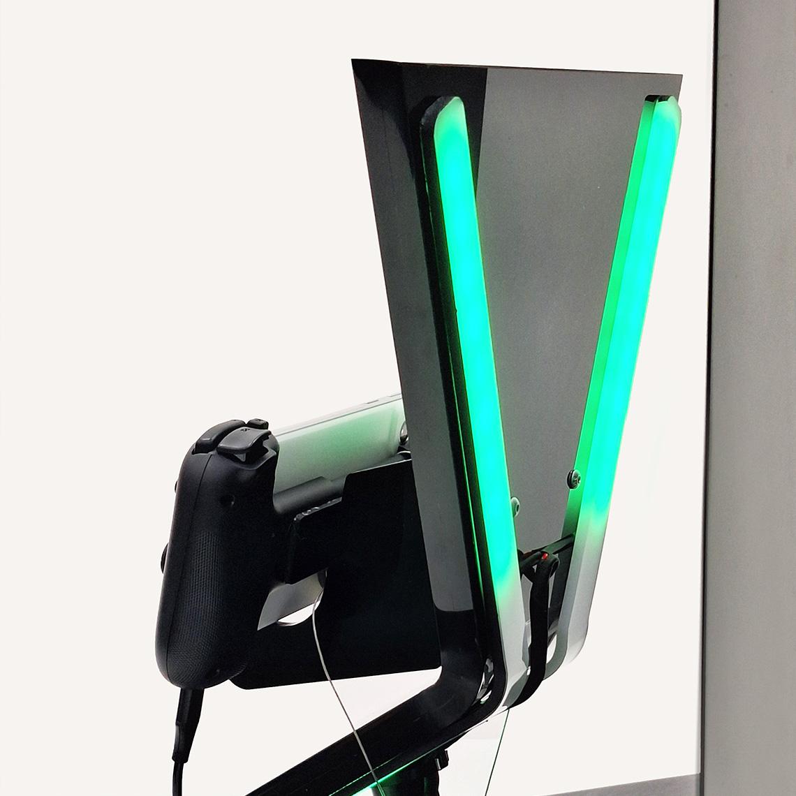 A close up of the illuminated back light panels on the Razer Kishi V2 mobile gaming controller display stand.