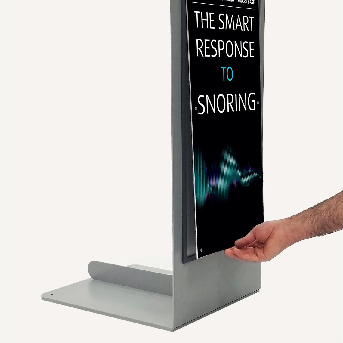 A close up of a digital silent salesman information kiosk with Tempur branding on the front.