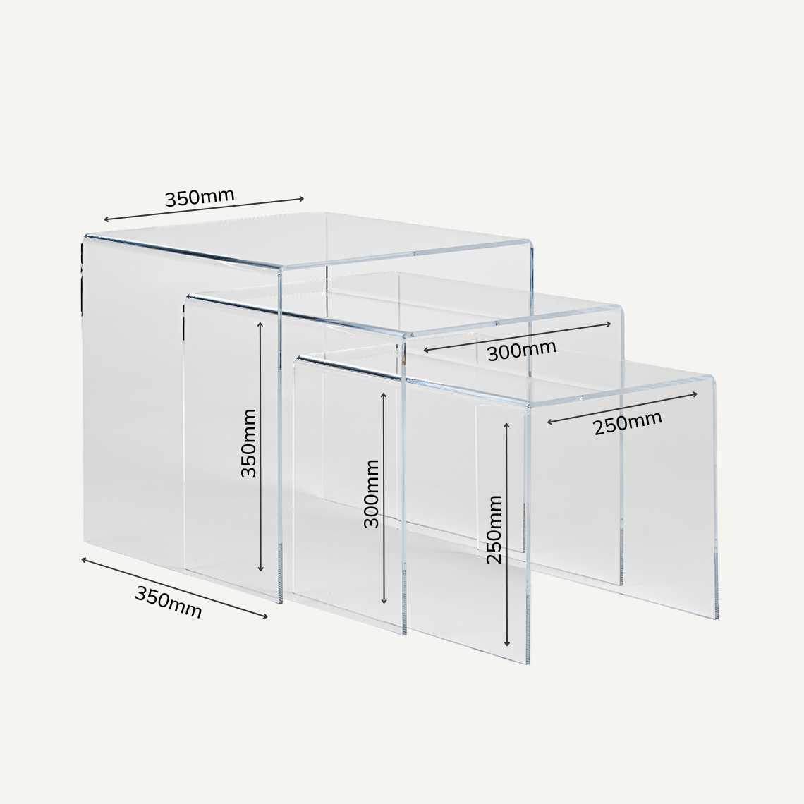 Nested set of three tables with dimensions: large table 350mm (h) x 350mm (w) x 350mm (d), medium table 300mm (h) x 350mm (w) x 300mm (d) and small table 250mm (h) x 350mm (w) x 250mm (d).