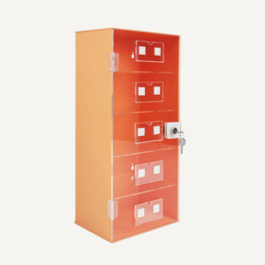 An orange acrylic PPE storage cabinet with clear, transparent lockable doors and label pockets.