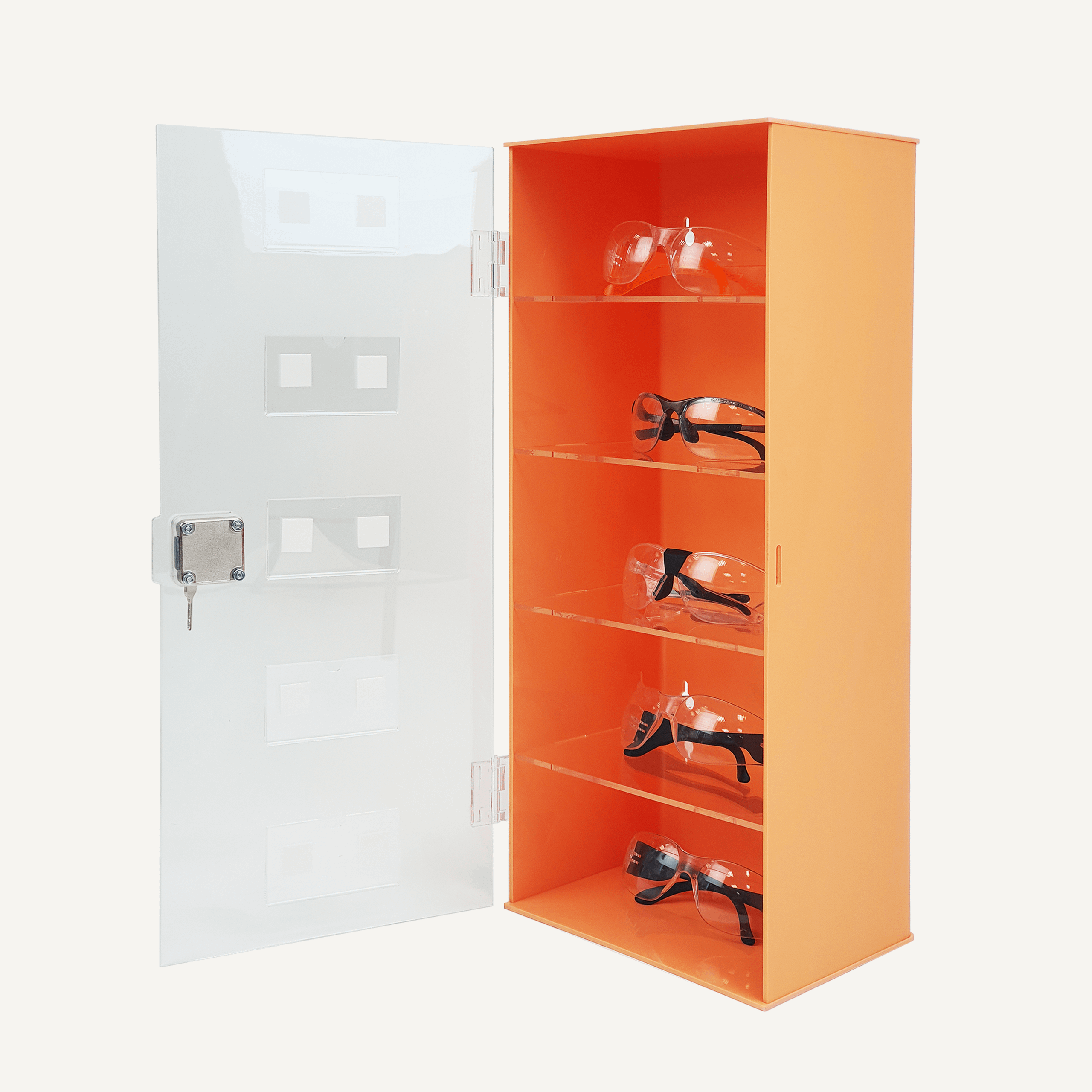 An orange acrylic PPE storage cabinet facing the left, with safety goggles inside and open clear, transparent lockable doors and label pockets.