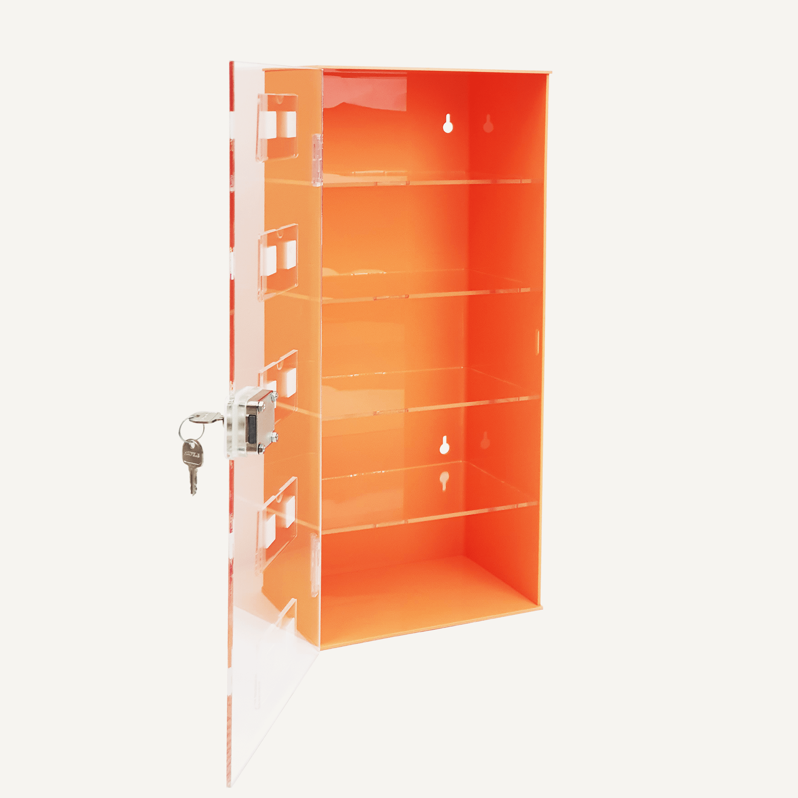 An orange acrylic PPE storage cabinet with clear, transparent open lockable doors and label pockets.