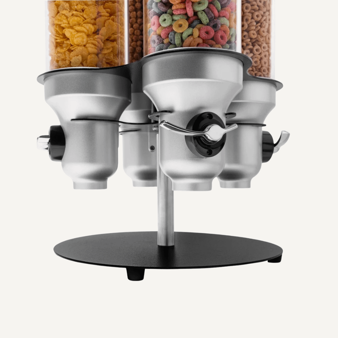 Close up of a rotating cereal dispenser with different cereals.