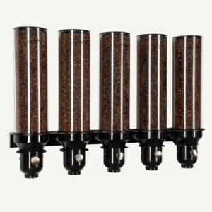 A front facing view of a wall mounted black and clear five cylinder coffee bean dispenser filled with coffee beans.