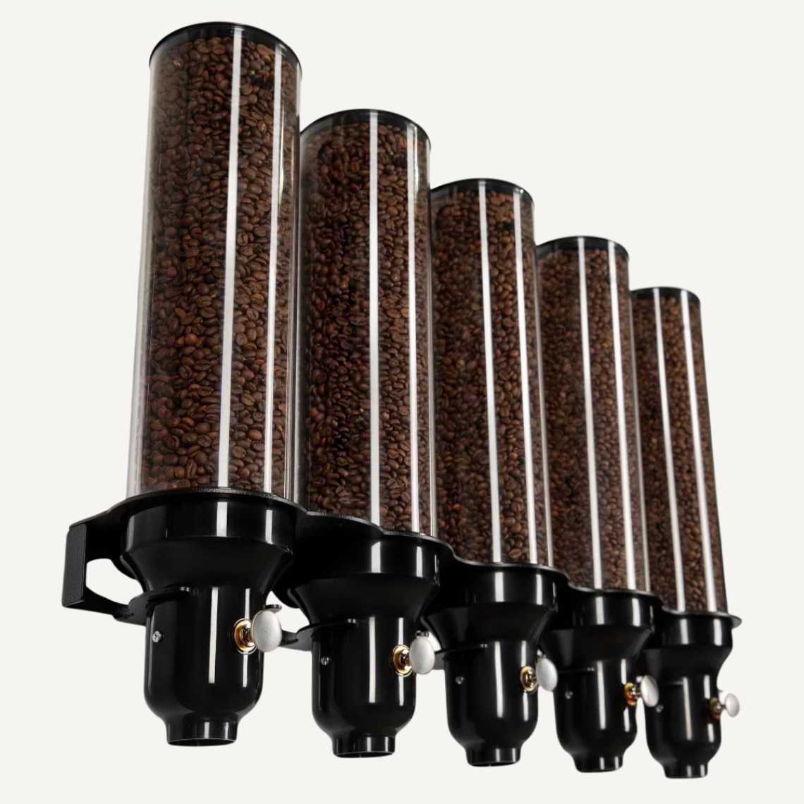 An image of a black and clear wall mounted five cylinder coffee bean dispenser full of coffee beans.