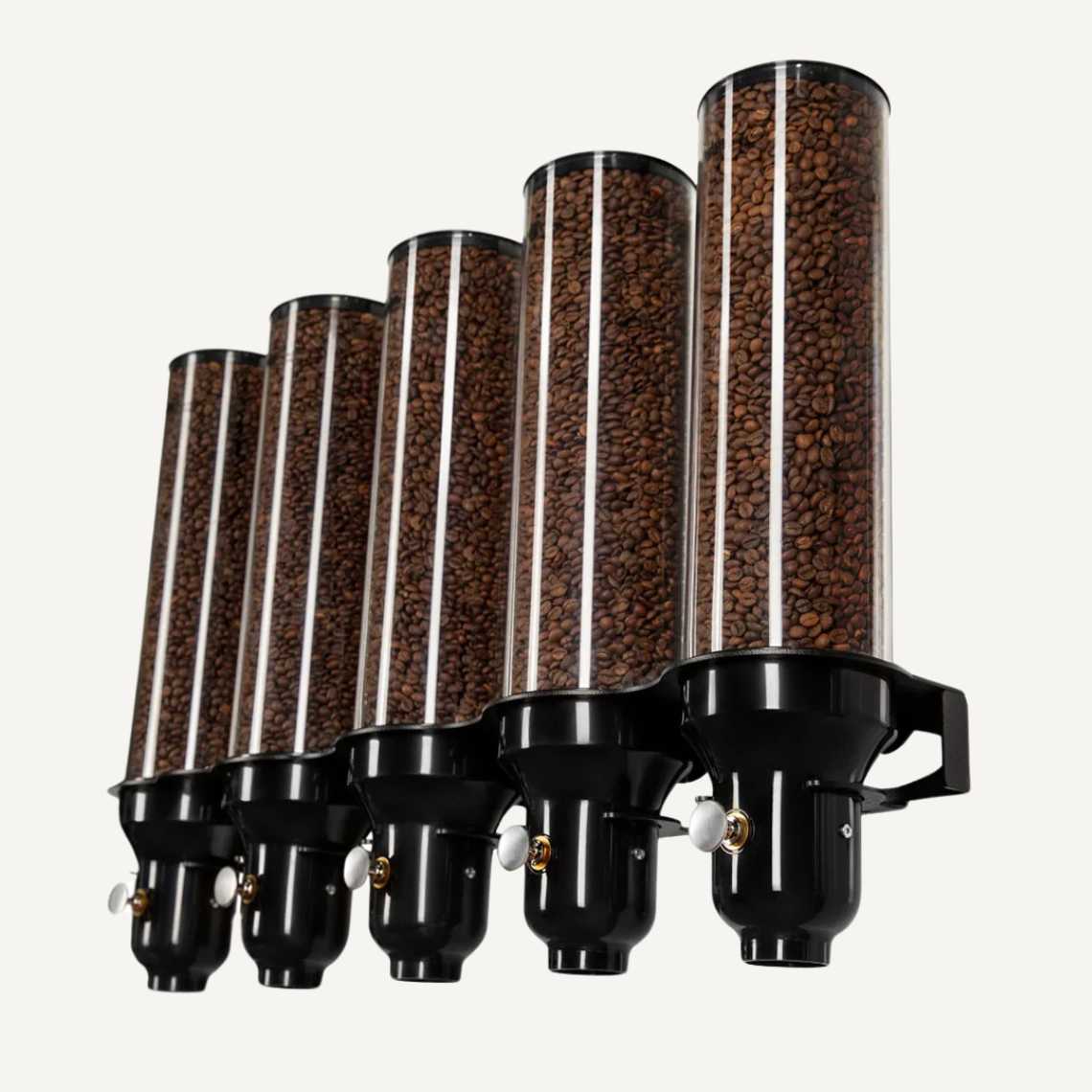 An image of a black and clear wall mounted, five cylinder coffee bean dispenser full of coffee beans.