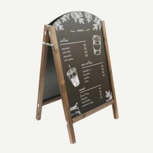A Curved Topped A-Board chalkboard made from redwood with hand drawn menu in white chalk.