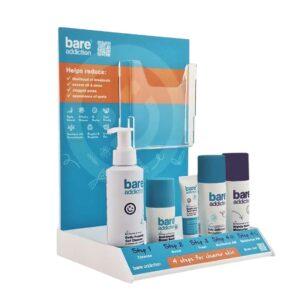 A countertop product glorifier featuring skincare products.