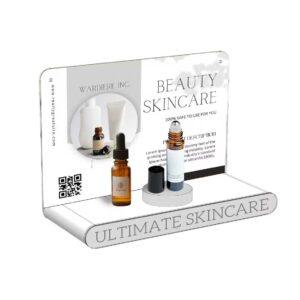 A countertop product glorifier featuring skincare products on an illuminated base.