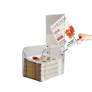 A countertop dump bin with leaflets inside. a hand is removing the promotional graphics from the clear header pocket.