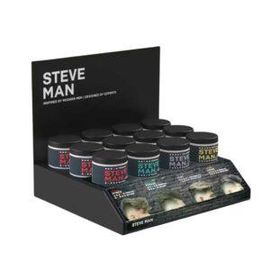 A custom "steve man" countertop display holding hair products.