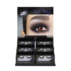 An eyelash countertop display with custom printing, featuring packaged eyelashes on tiered shelves.